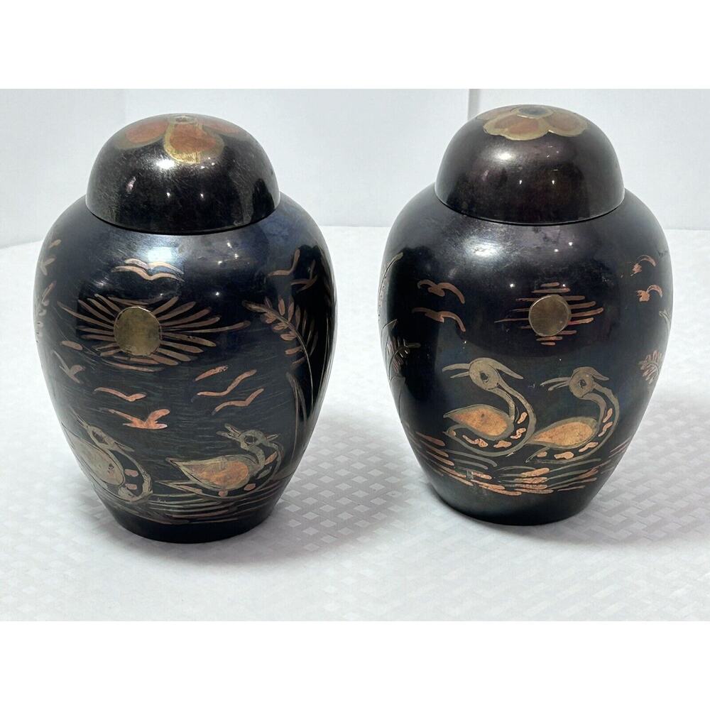 2 Vintage Tricolor Brass Swan Ginger Jar Urn Metal Lake Scene Asian Sunset India - Picture 3 of 13